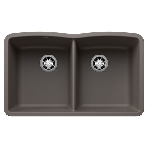 Blanco Diamond 32" Undermount Silgranit Kitchen Sink, 50/50 Double Bowl, Volcano Gray, No Faucet Hole, 443105
