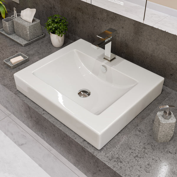 ALFI brand 23.63" x 20.13" Rectangle Drop In Porcelain Bathroom Sink, White, 1 Faucet Hole, ABC701