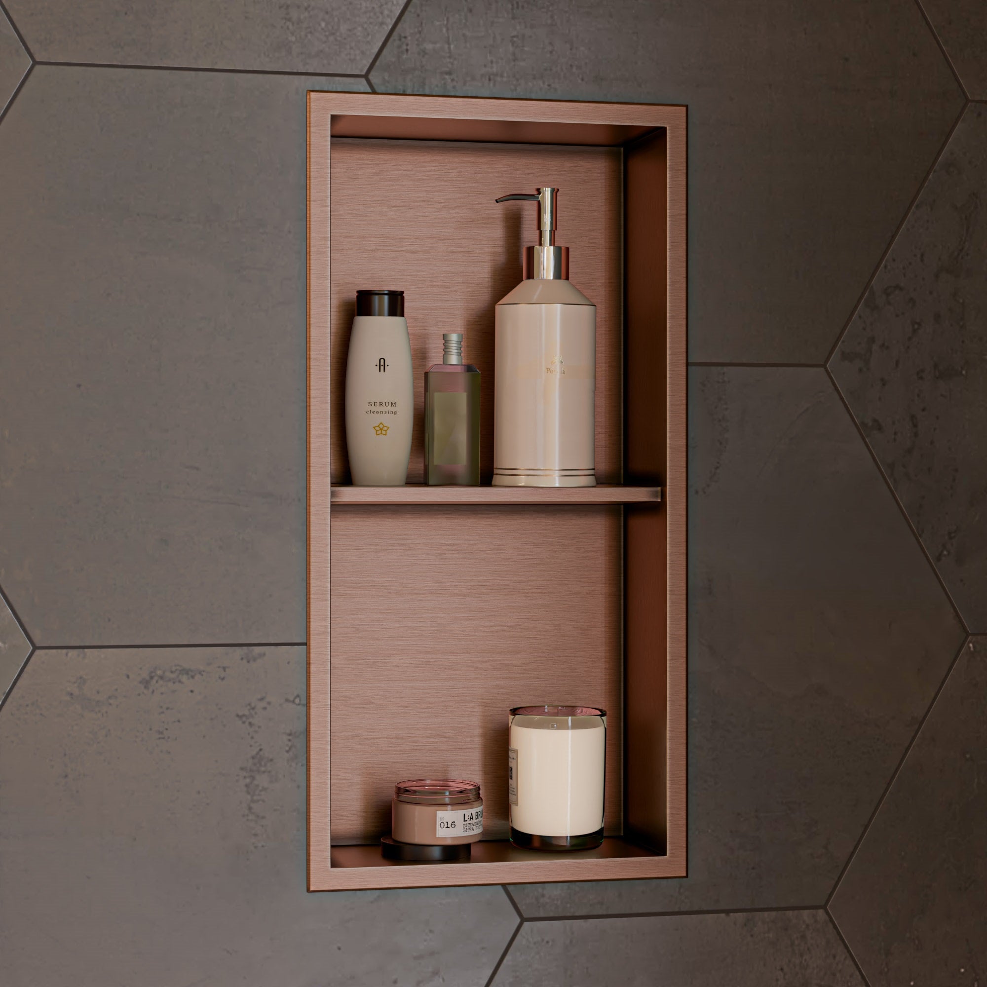 ALFI brand ABNP1224-BC 12" x 24" Brushed Copper PVD Stainless Steel Vertical Double Shelf Shower Niche, 20 Gauge