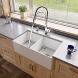 ALFI brand 33" Fireclay Farmhouse Sink, 50/50 Double Bowl, White, No Faucet Hole, ABF3318D-W