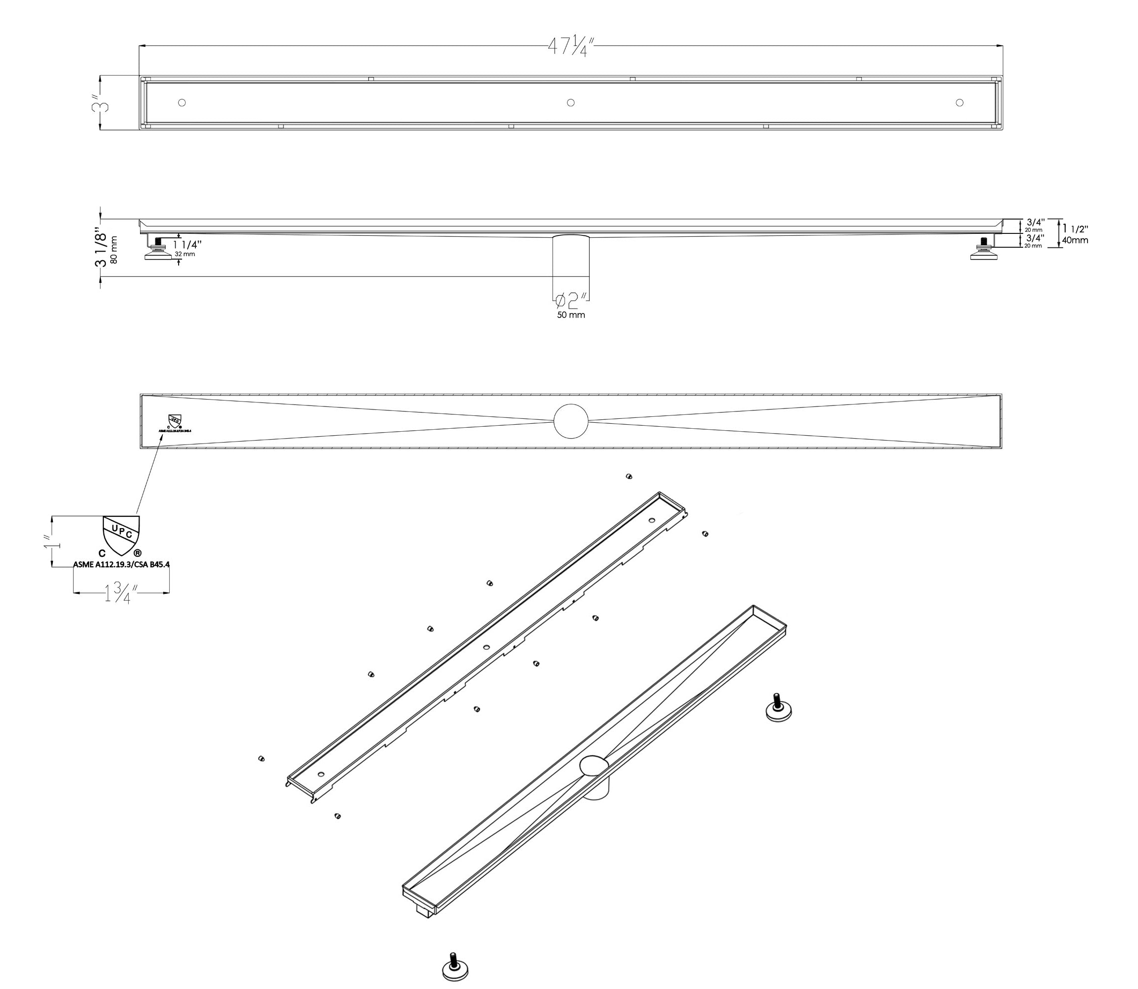 ALFI brand ABLD47A 47" Stainless Steel Linear Shower Drain with No Cover, Grey