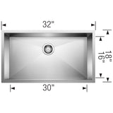 Blanco Quatrus 32" Undermount Stainless Steel Kitchen Sink, Satin Polish, 18 Gauge, No Faucet Hole, 443052