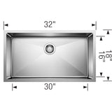 Blanco Quatrus 32" Undermount Stainless Steel Kitchen Sink, Satin Polish, 18 Gauge, No Faucet Hole, 443148