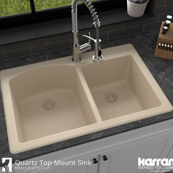 Karran 33" Drop In/Topmount Quartz Composite Kitchen Sink, 60/40 Double Bowl, Bisque, QT-610-BI
