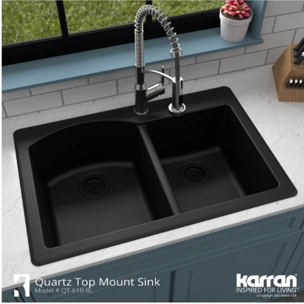 Karran 33" Drop In/Topmount Quartz Composite Kitchen Sink, 60/40 Double Bowl, Black, QT-610-BL