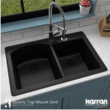 Karran 33" Drop In/Topmount Quartz Composite Kitchen Sink, 60/40 Double Bowl, Black, QT-610-BL-PK1