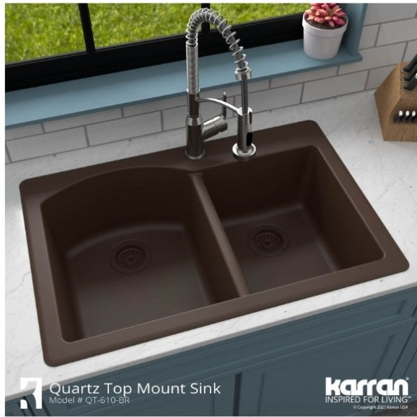 Karran 33" Drop In/Topmount Quartz Composite Kitchen Sink, 60/40 Double Bowl, Brown, QT-610-BR