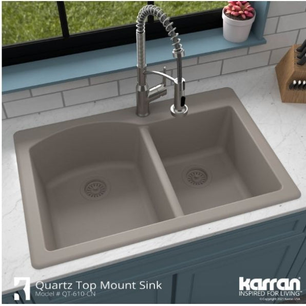 Karran 33" Drop In/Topmount Quartz Composite Kitchen Sink, 60/40 Double Bowl, Concrete, QT-610-CN