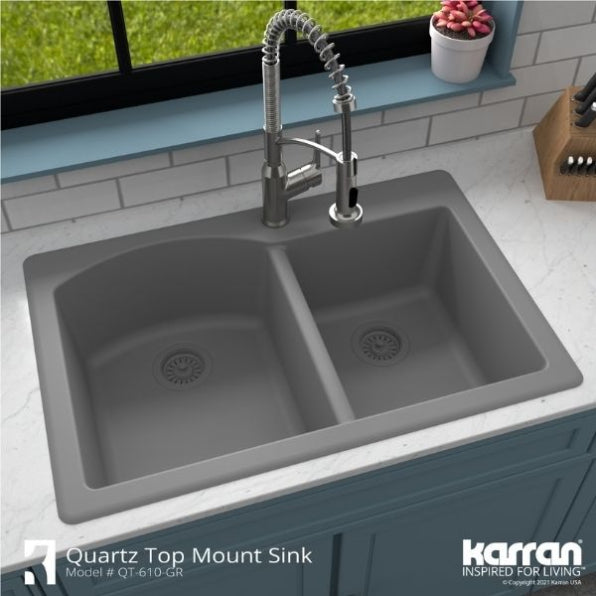 Karran 33" Drop In/Topmount Quartz Composite Kitchen Sink, 60/40 Double Bowl, Grey, QT-610-GR-PK1