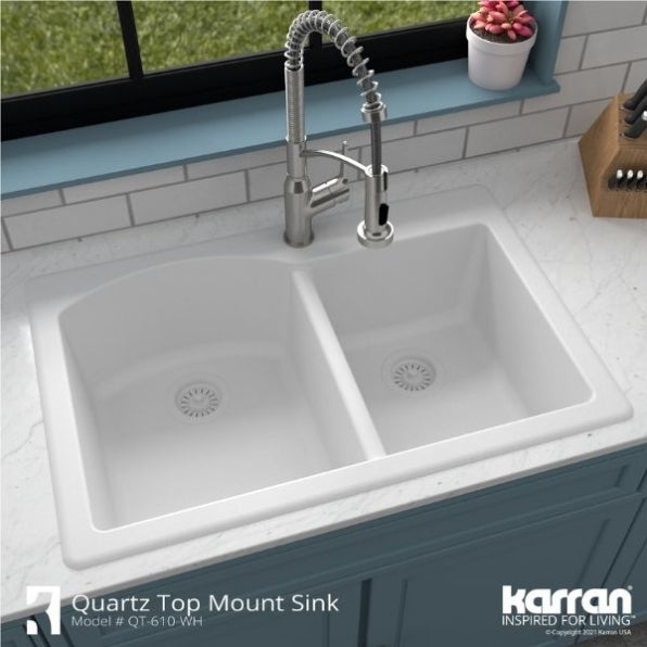 Karran 33" Drop In/Topmount Quartz Composite Kitchen Sink, 60/40 Double Bowl, White, QT-610-WH