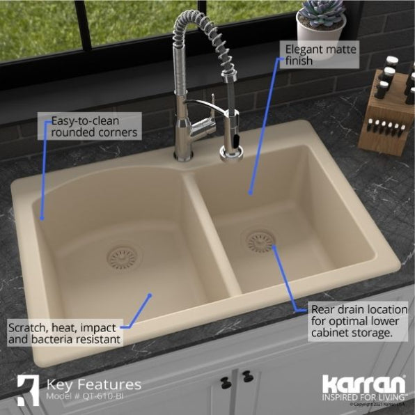 Karran 33" Drop In/Topmount Quartz Composite Kitchen Sink, 60/40 Double Bowl, Bisque, QT-610-BI
