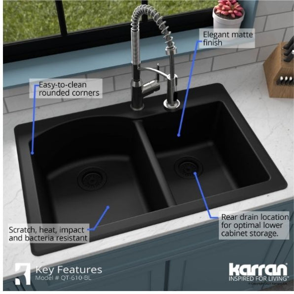Karran 33" Drop In/Topmount Quartz Composite Kitchen Sink, 60/40 Double Bowl, Black, QT-610-BL