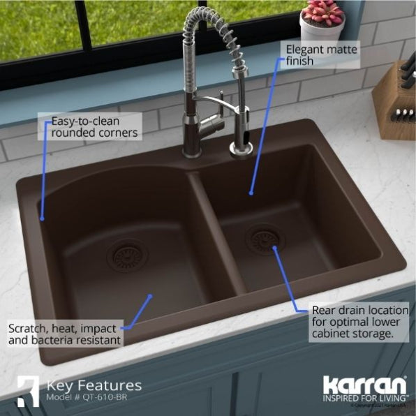 Karran 33" Drop In/Topmount Quartz Composite Kitchen Sink, 60/40 Double Bowl, Brown, QT-610-BR