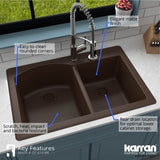 Karran 33" Drop In/Topmount Quartz Composite Kitchen Sink, 60/40 Double Bowl, Brown, QT-610-BR-PK1