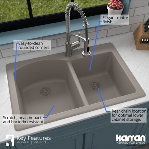 Karran 33" Drop In/Topmount Quartz Composite Kitchen Sink, 60/40 Double Bowl, Concrete, QT-610-CN
