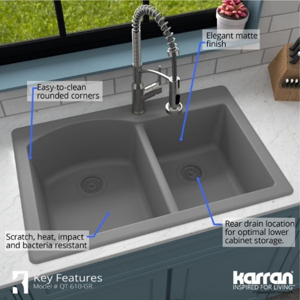 Karran 33" Drop In/Topmount Quartz Composite Kitchen Sink, 60/40 Double Bowl, Grey, QT-610-GR-PK1