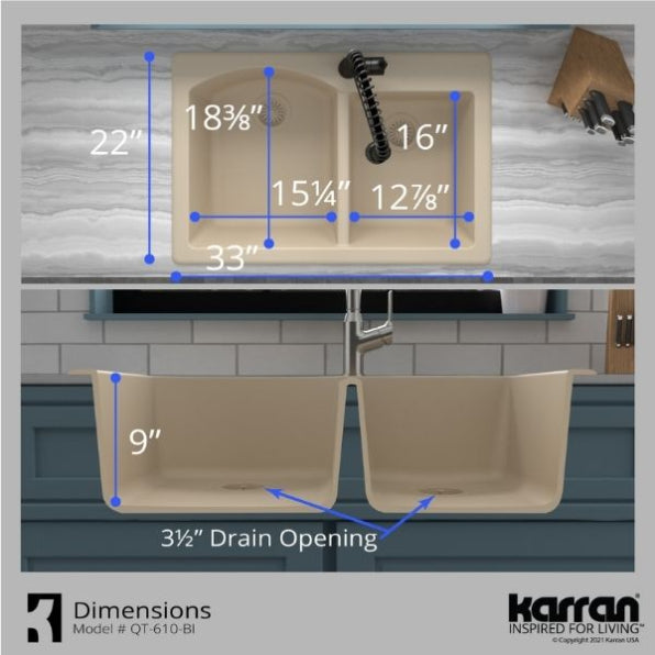 Karran 33" Drop In/Topmount Quartz Composite Kitchen Sink, 60/40 Double Bowl, Bisque, QT-610-BI