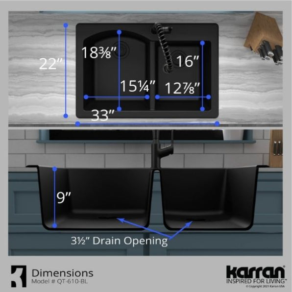Karran 33" Drop In/Topmount Quartz Composite Kitchen Sink, 60/40 Double Bowl, Black, QT-610-BL