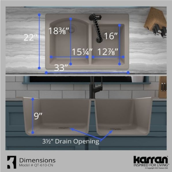 Karran 33" Drop In/Topmount Quartz Composite Kitchen Sink, 60/40 Double Bowl, Concrete, QT-610-CN-PK1