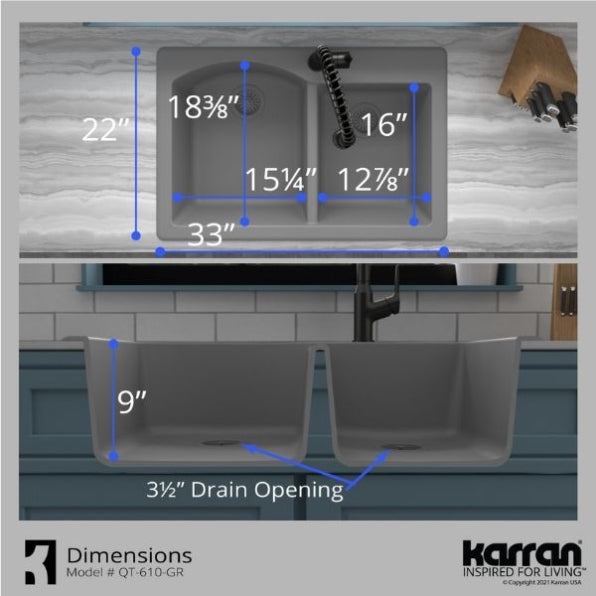Karran 33" Drop In/Topmount Quartz Composite Kitchen Sink, 60/40 Double Bowl, Grey, QT-610-GR