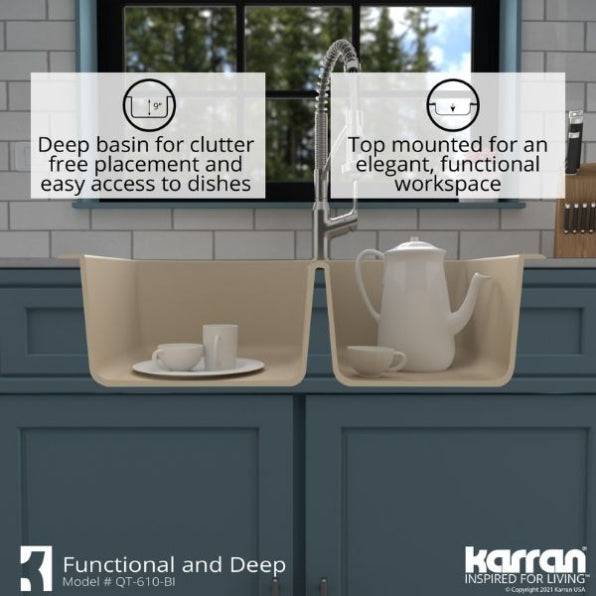 Karran 33" Drop In/Topmount Quartz Composite Kitchen Sink, 60/40 Double Bowl, Bisque, QT-610-BI
