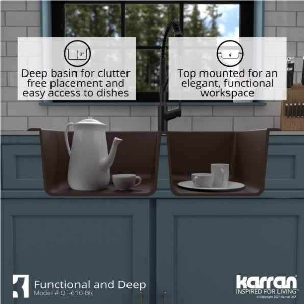 Karran 33" Drop In/Topmount Quartz Composite Kitchen Sink, 60/40 Double Bowl, Brown, QT-610-BR
