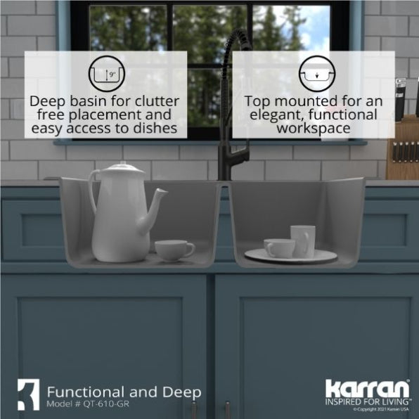 Karran 33" Drop In/Topmount Quartz Composite Kitchen Sink, 60/40 Double Bowl, Grey, QT-610-GR-PK1