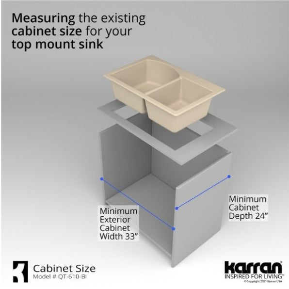 Karran 33" Drop In/Topmount Quartz Composite Kitchen Sink, 60/40 Double Bowl, Bisque, QT-610-BI