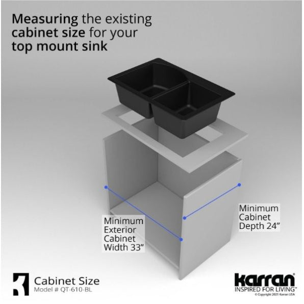 Karran 33" Drop In/Topmount Quartz Composite Kitchen Sink, 60/40 Double Bowl, Black, QT-610-BL-PK1