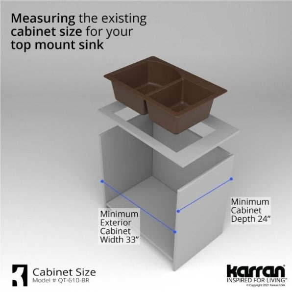 Karran 33" Drop In/Topmount Quartz Composite Kitchen Sink, 60/40 Double Bowl, Brown, QT-610-BR