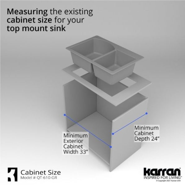 Karran 33" Drop In/Topmount Quartz Composite Kitchen Sink, 60/40 Double Bowl, Grey, QT-610-GR-PK1