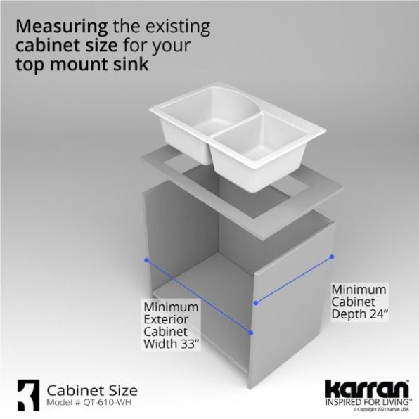 Karran 33" Drop In/Topmount Quartz Composite Kitchen Sink, 60/40 Double Bowl, White, QT-610-WH