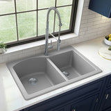 Karran 33" Drop In/Topmount Quartz Composite Kitchen Sink, 60/40 Double Bowl, Grey, QT-610-GR