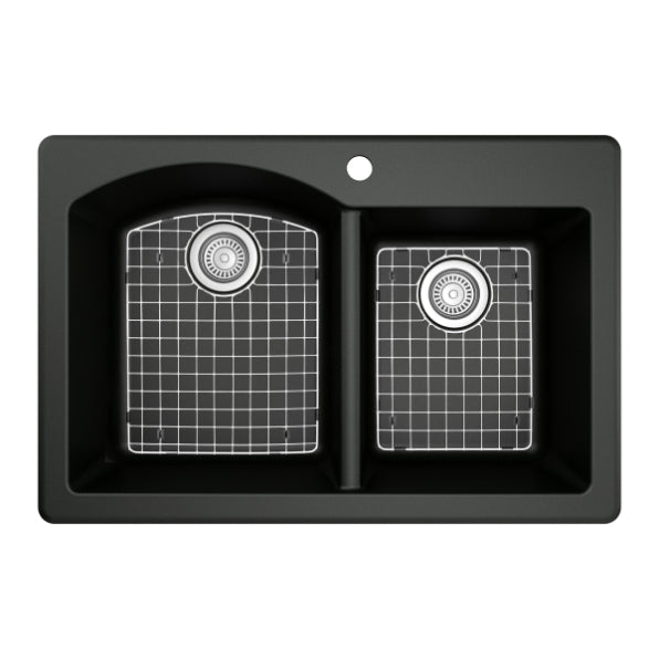 Karran 33" Drop In/Topmount Quartz Composite Kitchen Sink, 60/40 Double Bowl, Black, QT-610-BL-PK1
