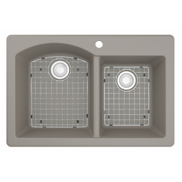 Karran 33" Drop In/Topmount Quartz Composite Kitchen Sink, 60/40 Double Bowl, Concrete, QT-610-CN-PK1
