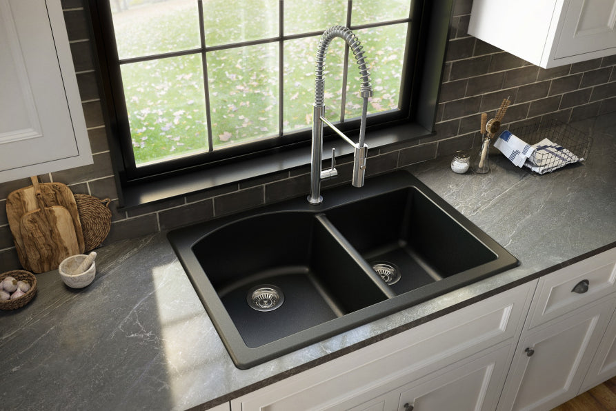 Karran 33" Drop In/Topmount Quartz Composite Kitchen Sink, 60/40 Double Bowl, Black, QT-610-BL