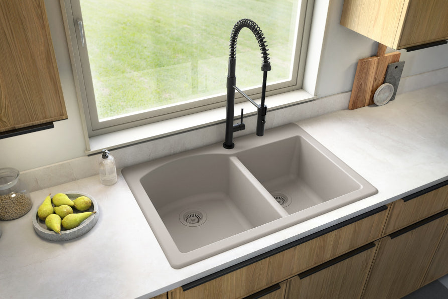 Karran 33" Drop In/Topmount Quartz Composite Kitchen Sink, 60/40 Double Bowl, Concrete, QT-610-CN