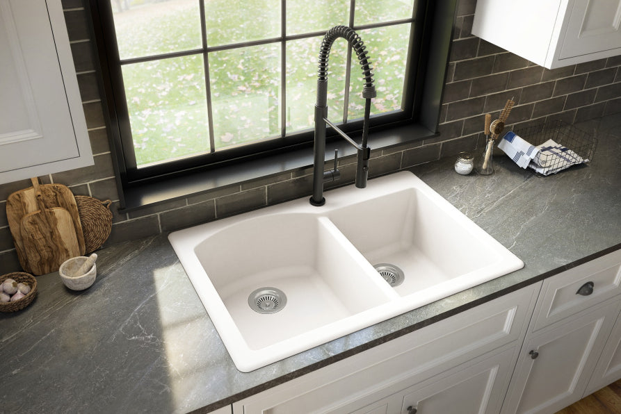 Karran 33" Drop In/Topmount Quartz Composite Kitchen Sink, 60/40 Double Bowl, White, QT-610-WH