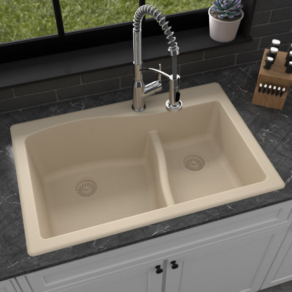 Karran 33" Drop In/Topmount Quartz Composite Kitchen Sink, 60/40 Double Bowl, Bisque, QT-630-BI