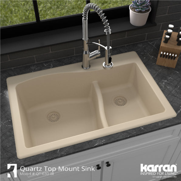 Karran 33" Drop In/Topmount Quartz Composite Kitchen Sink, 60/40 Double Bowl, Bisque, QT-630-BI