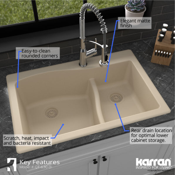 Karran 33" Drop In/Topmount Quartz Composite Kitchen Sink, 60/40 Double Bowl, Bisque, QT-630-BI