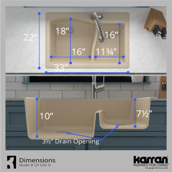 Karran 33" Drop In/Topmount Quartz Composite Kitchen Sink, 60/40 Double Bowl, Bisque, QT-630-BI
