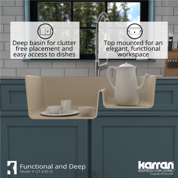 Karran 33" Drop In/Topmount Quartz Composite Kitchen Sink, 60/40 Double Bowl, Bisque, QT-630-BI