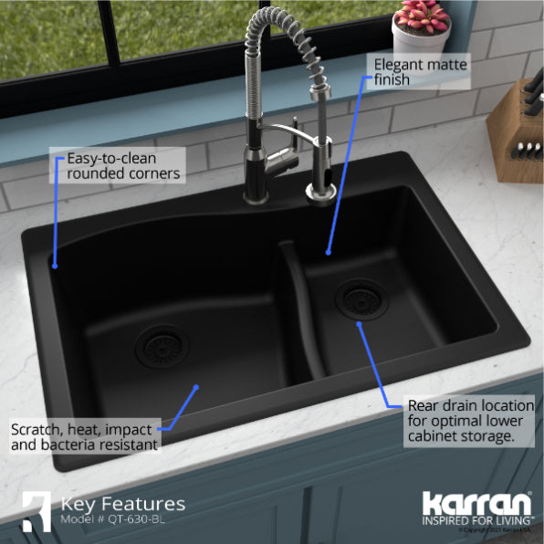 Karran 33" Drop In/Topmount Quartz Composite Kitchen Sink, 60/40 Double Bowl, Black, QT-630-BL