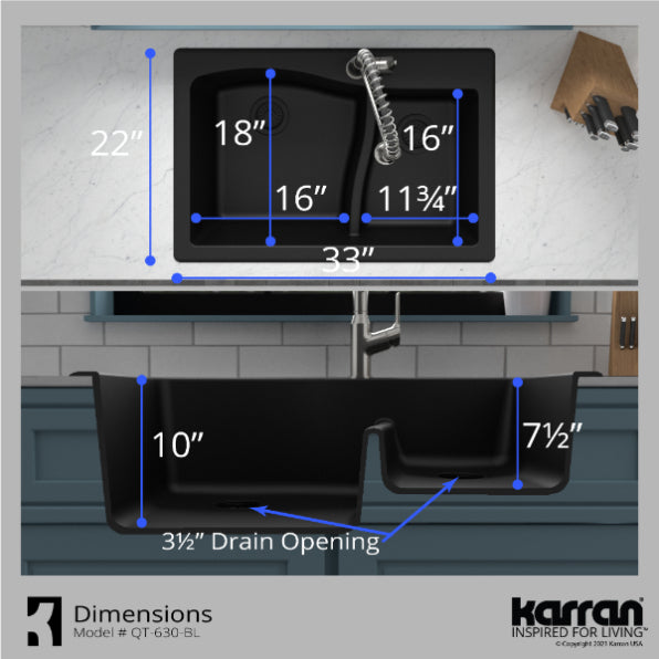 Karran 33" Drop In/Topmount Quartz Composite Kitchen Sink, 60/40 Double Bowl, Black, QT-630-BL