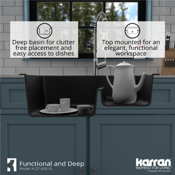 Karran 33" Drop In/Topmount Quartz Composite Kitchen Sink, 60/40 Double Bowl, Black, QT-630-BL