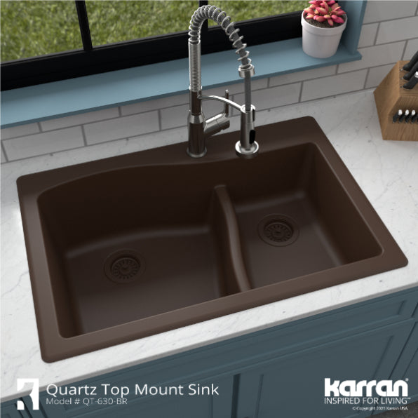 Karran 33" Drop In/Topmount Quartz Composite Kitchen Sink, 60/40 Double Bowl, Brown, QT-630-BR