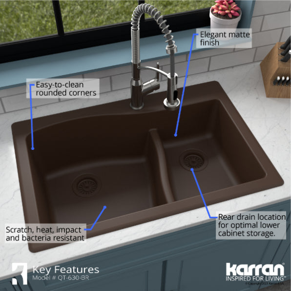 Karran 33" Drop In/Topmount Quartz Composite Kitchen Sink, 60/40 Double Bowl, Brown, QT-630-BR