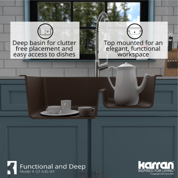 Karran 33" Drop In/Topmount Quartz Composite Kitchen Sink, 60/40 Double Bowl, Brown, QT-630-BR
