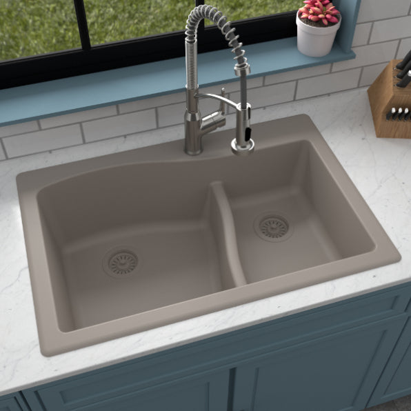 Karran 33" Drop In/Topmount Quartz Composite Kitchen Sink, 60/40 Double Bowl, Concrete, QT-630-CN